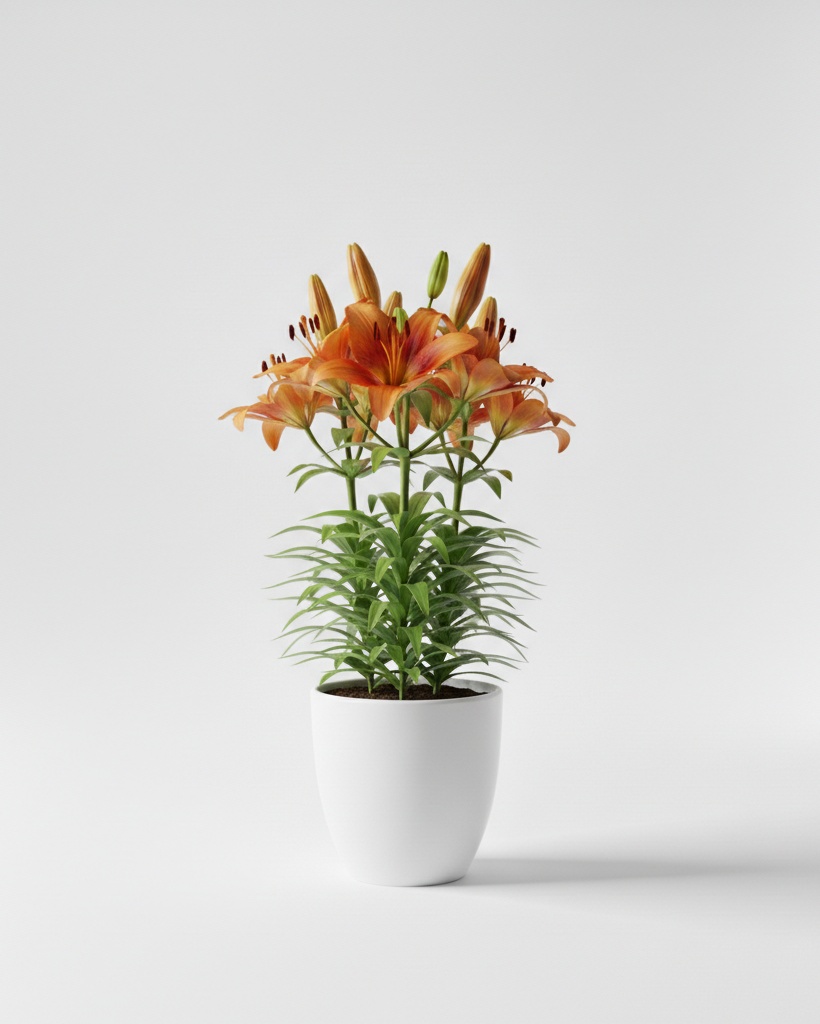 Lilium naranja en flor, con capullos aún cerrados, en maceta blanca — Napuplant