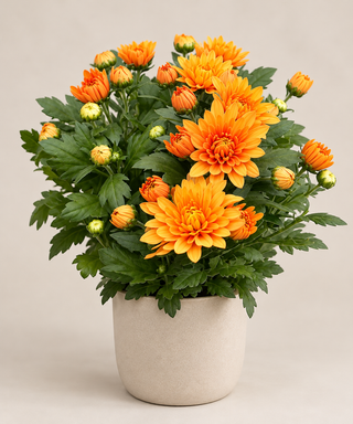 Crisantemo naranja en maceta blanca, con flores abiertas y capullos — Napuplant