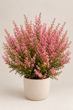 Erica de flores rosas diminutas en racimos, en maceta de cerámica beige — Napuplant