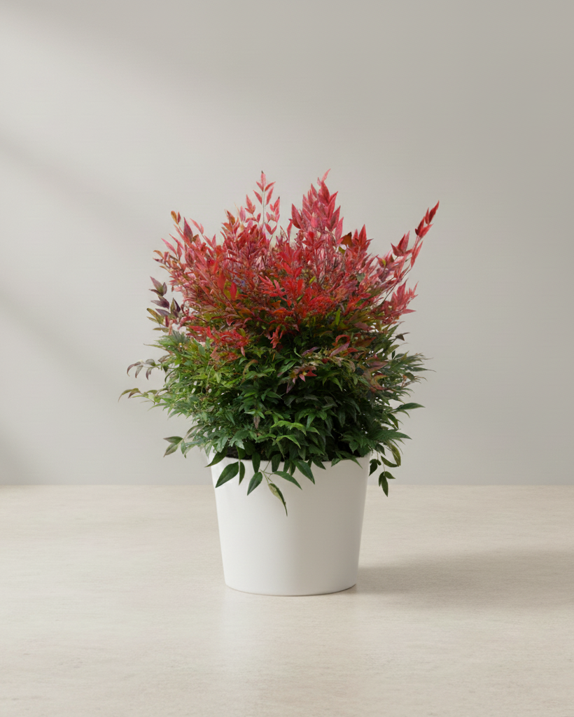 Nandina domestica con brotes rojos sobre follaje verde, en maceta blanca — Napuplant