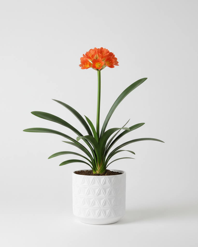 Clivia miniata en flor naranja, con hojas en abanico y maceta blanca texturada — Napuplant